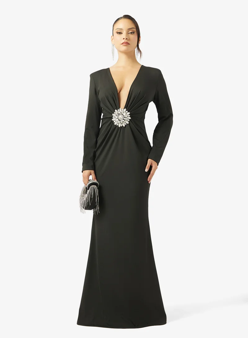 Ginger Boutique  Plunge Neck Jewel Embellished Draped Dress for Women | Best Price UAE